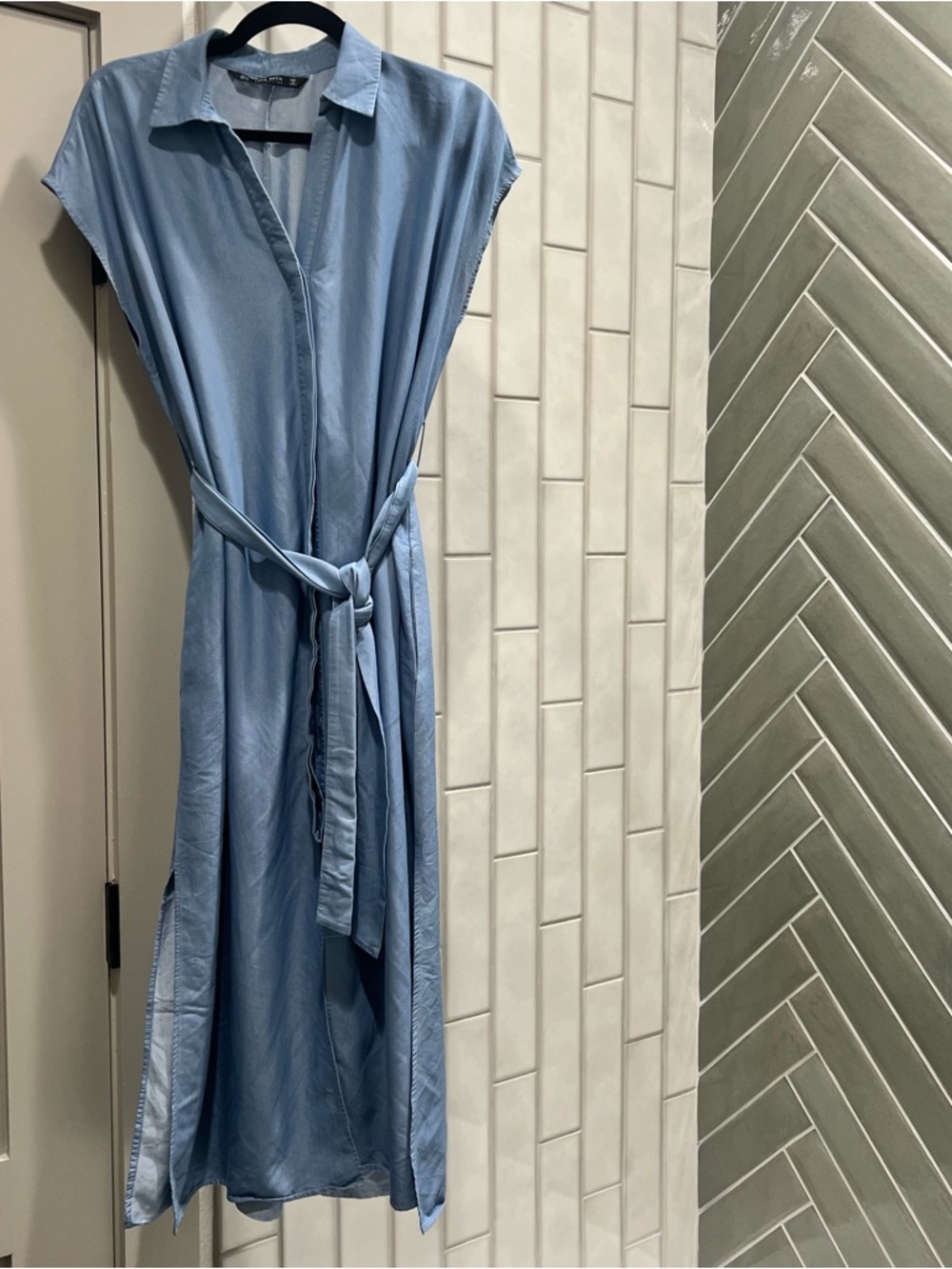 Zara Powder Blue Midi Shirt Dress with Tie Waist